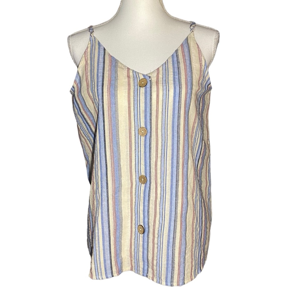 Entro Women's Medium Striped Tank Top Sleeveless Spaghetti Straps Linen Feel